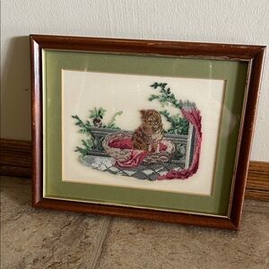 Vintage Framed Cross Stitch Tabby Cat on Cushion - Green Mat